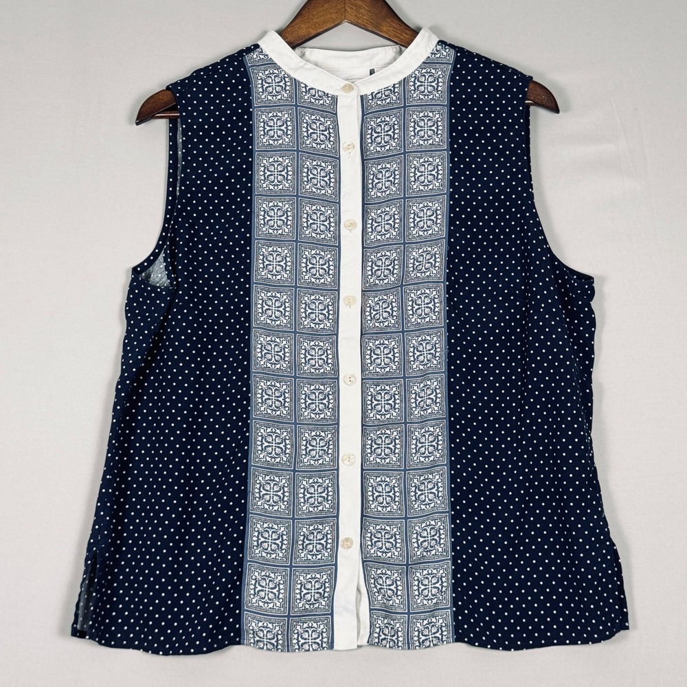 Liz Claiborne Top Women XL Navy Polka Dot Silk Sleeveless Y2K LWMU7166 Like New